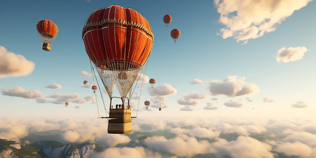 Balón de aire caliente en el fondo del cielo de colores de fantasía