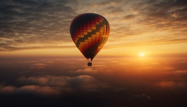 Balón de aire caliente volando alto en el cielo multicolor del atardecer generado por la inteligencia artificial