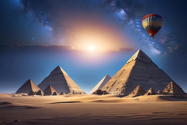 Foto balón de aire caliente volando sobre las pirámides de giza, egipto