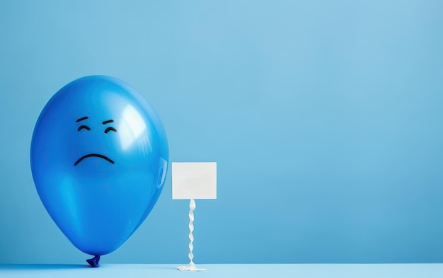 Foto balón azul sobre un fondo azul con una cara triste dibujada concepto de lunes azul ia generativa