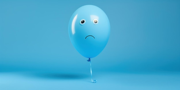 Balón azul triste con emoji triste en un fondo azul bandera espacial de copia de lunes azul