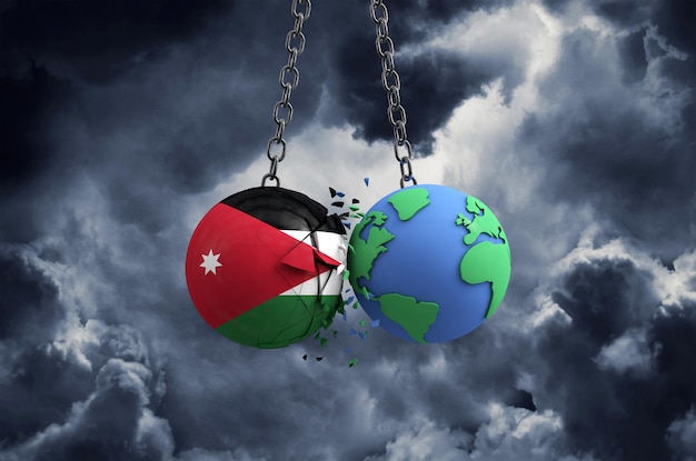 Balón de la bandera de Jordania chocando contra el impacto global del planeta tierra y el concepto de desastre d render