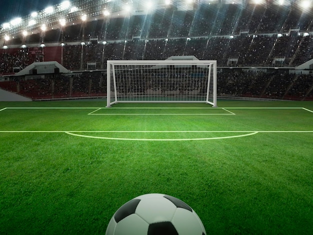 Foto balón en el campo verde en el estadio de fútbol listo para el juego