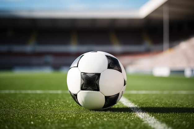 Balón en el campo verde en el estadio de fútbol Primer plano del balón de fútbol Generado AI