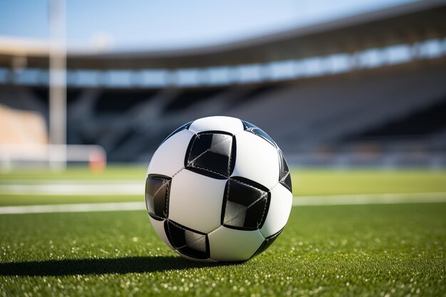 Balón en el campo verde en el estadio de fútbol Primer plano del balón de fútbol Generado AI