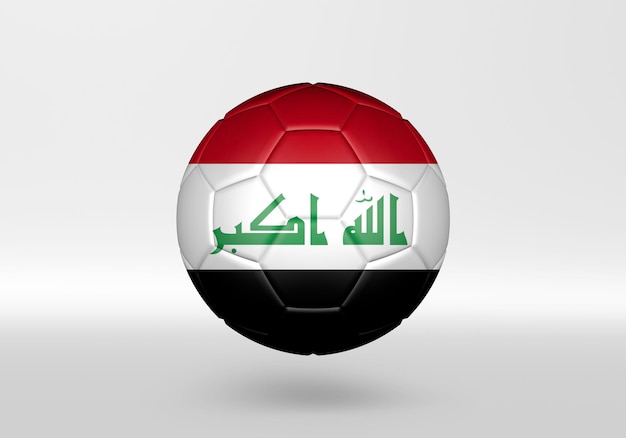 Balón de fútbol 3d con la bandera de Irak sobre fondo gris