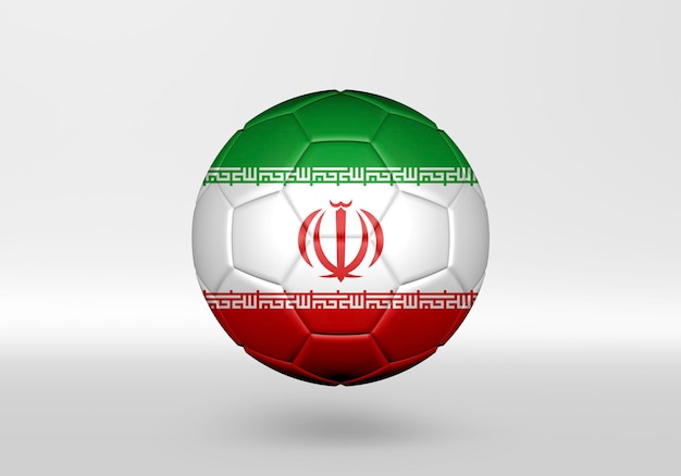 Balón de fútbol 3d con la bandera de Irán sobre fondo gris