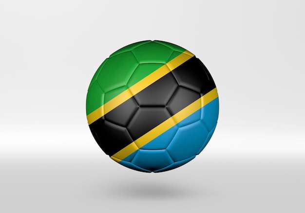 Balón de fútbol 3d con la bandera de Tanzania sobre fondo gris