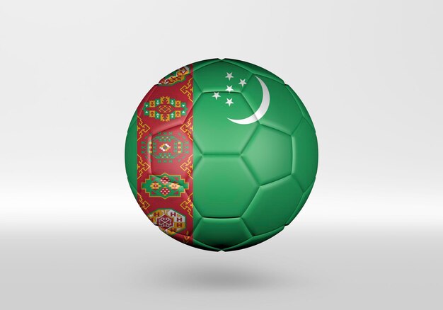 Balón de fútbol 3d con la bandera de Turkmenistán sobre fondo gris