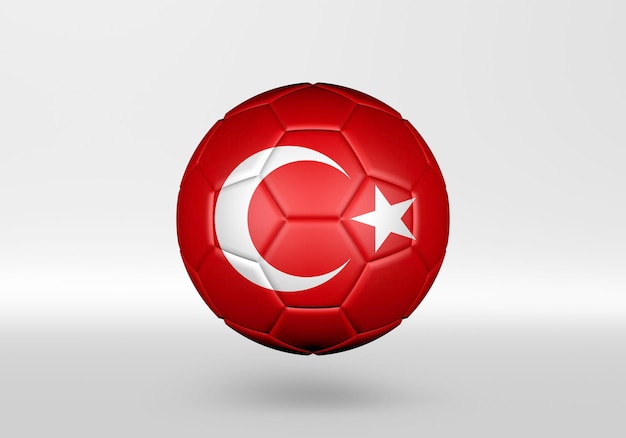 Balón de fútbol 3d con la bandera de Turquía sobre fondo gris