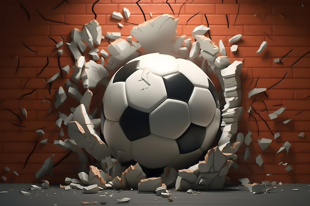Un balón de fútbol atraviesa una pared de ladrillos.