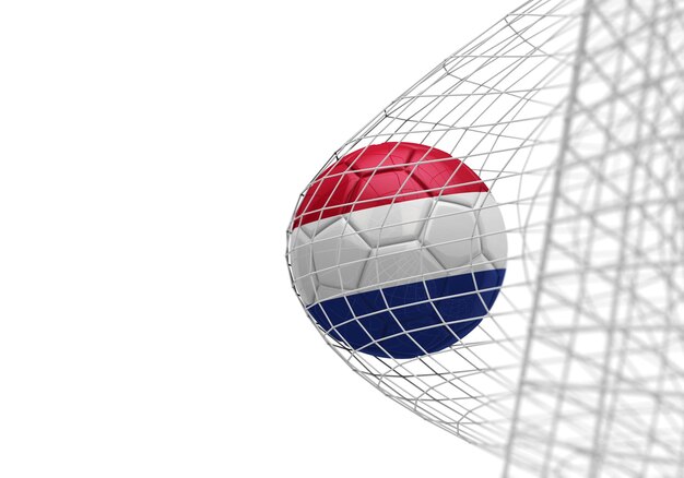 Balón de fútbol de bandera holandesa marca un gol en una red