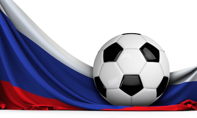 Balón de fútbol en la bandera de Rusia Fondo de fútbol 3D Rendering