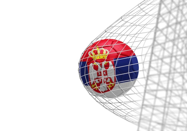 Balón de fútbol de bandera serbia marca un gol en una red