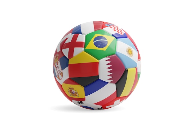 Balón de fútbol con banderas del campeonato mundial aislado sobre fondo blanco ilustración 3d