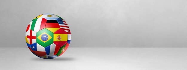 Balón de fútbol con banderas nacionales aislado en un banner de estudio en blanco. Ilustración 3D