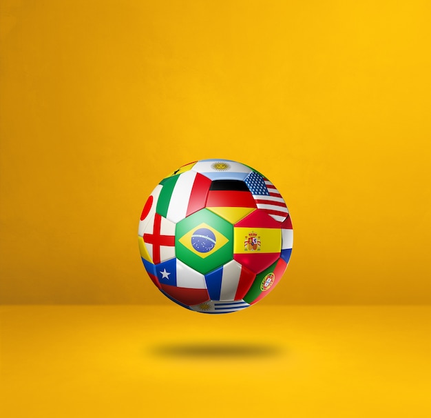 Foto balón de fútbol con banderas nacionales aislado en una pared amarilla. ilustración 3d