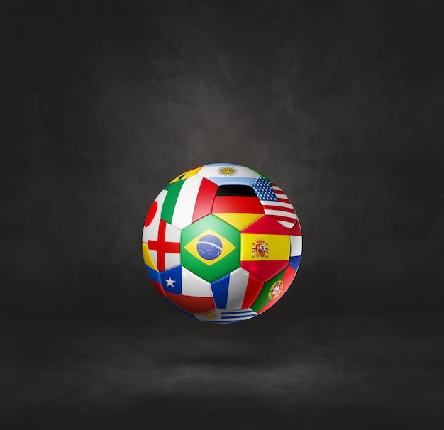 Balón de fútbol con banderas nacionales aislado sobre un fondo negro de estudio. Ilustración 3D