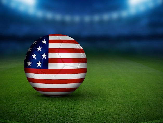 Balón de fútbol con banderas nacionales del equipo Bandera de Estados Unidos de fútbol mundial en el estadio verde de bola 3d