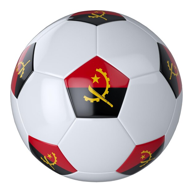 Balón de fútbol blanco con bandera de Angola sobre fondo blanco Balón de fútbol de cuero aislado Balón blanco clásico con parches Banderas de países Ilustración 3D