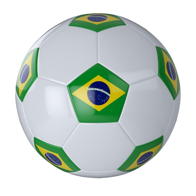 Balón de fútbol blanco con la bandera de Brasil sobre un fondo blanco Balón de fútbol de cuero Banderas de países América 2022 Copa del Mundo Ilustración 3D