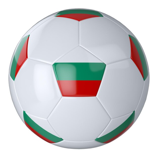 Balón de fútbol blanco con bandera de Bulgaria sobre fondo blanco Balón de fútbol de cuero aislado Balón blanco clásico con parches Banderas de países Ilustración 3D