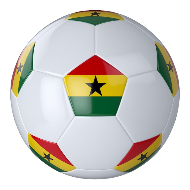 Balón de fútbol blanco con bandera de Ghana sobre fondo blanco Balón de fútbol de cuero aislado Balón blanco clásico con parches Banderas de países Ilustración 3D