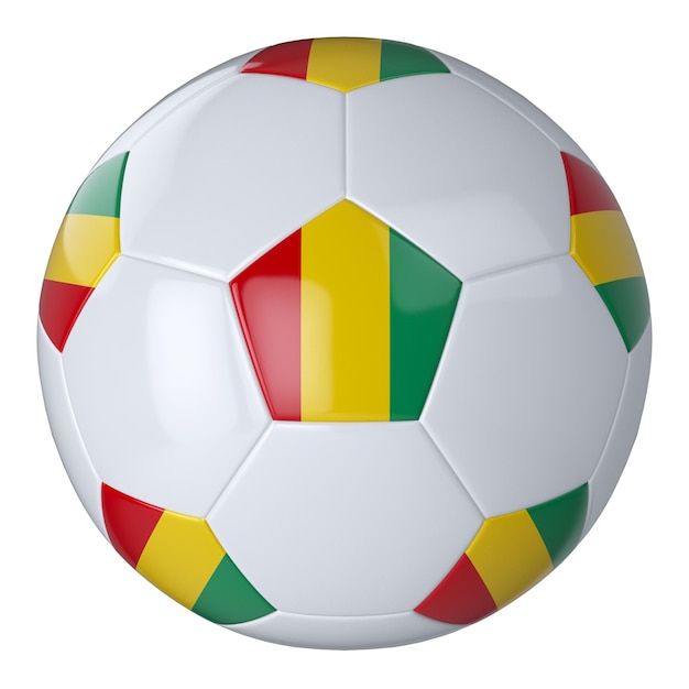 Balón de fútbol blanco con bandera de Guinea sobre fondo blanco Balón de fútbol de cuero aislado Balón blanco clásico con parches Banderas de países Ilustración 3D