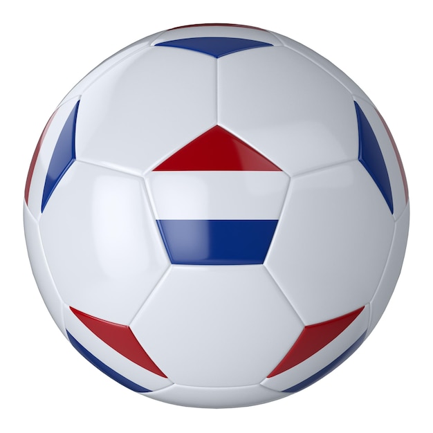 Balón de fútbol blanco con bandera holandesa sobre fondo blanco Balón de fútbol de cuero aislado Balón blanco clásico con parches Banderas de países Ilustración 3D