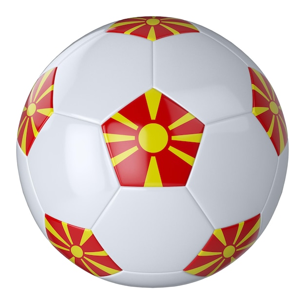 Balón de fútbol blanco con bandera de Macedonia del Norte sobre fondo blanco Balón de fútbol de cuero aislado Balón blanco clásico con parches Banderas de países Ilustración 3D