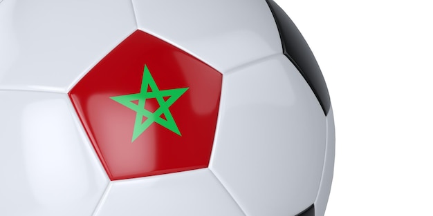 Balón de fútbol blanco con bandera de Marruecos sobre un fondo blanco aislado Cerrar ilustración 3D