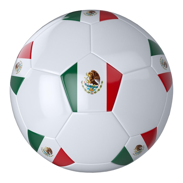 Balón de fútbol blanco con la bandera de México sobre un fondo blanco Balón de fútbol de cuero aislado Balón blanco clásico con parches Banderas de países Ilustración 3D