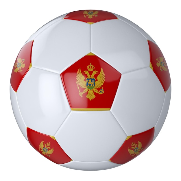 Balón de fútbol blanco con bandera de Montenegro sobre fondo blanco Balón de fútbol de cuero aislado Balón blanco clásico con parches Banderas de países Ilustración 3D