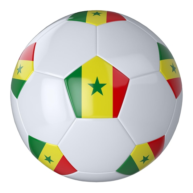 Balón de fútbol blanco con bandera de Senegal sobre fondo blanco Balón de fútbol de cuero aislado Balón blanco clásico con parches Banderas de países Ilustración 3D