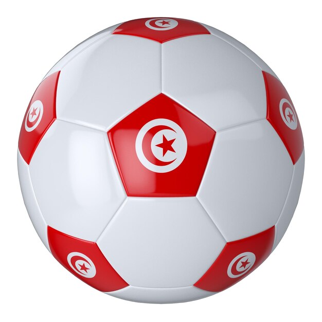 Balón de fútbol blanco con bandera de Túnez sobre fondo blanco Balón de fútbol de cuero aislado Balón blanco clásico con parches Banderas de países Ilustración 3D