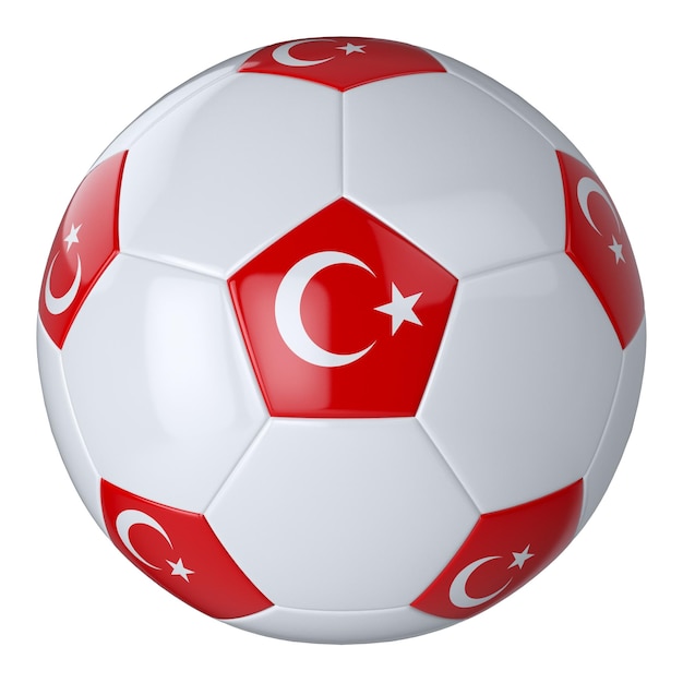 Balón de fútbol blanco con bandera de Turquía sobre fondo blanco Balón de fútbol de cuero aislado Balón blanco clásico con parches Banderas de países Ilustración 3D