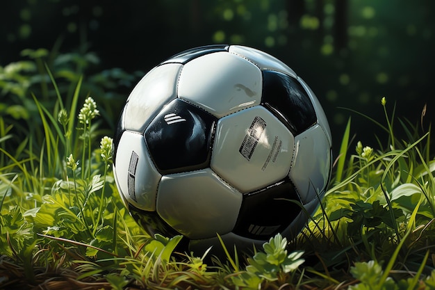 Balón de fútbol blanco y negro de pie sobre el césped