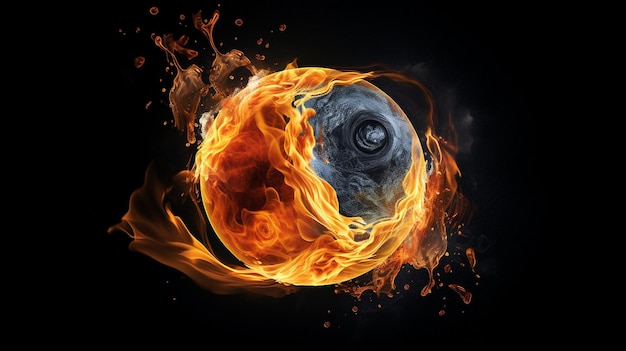 un balón de fútbol con una bola de fuego y una bola de fuego al fondo.