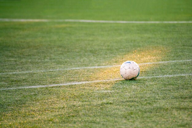 Balón de fútbol en el campo de césped