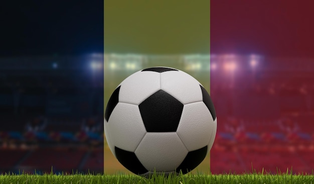 Balón de fútbol en un campo de hierba frente a las luces del estadio y la representación 3D de la bandera de Bélgica