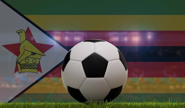 Balón de fútbol en un campo de hierba frente a las luces del estadio y la representación 3D de la bandera de Zimbabue