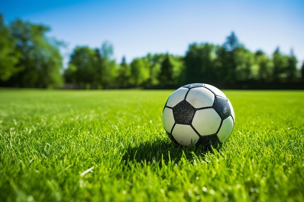 Balón de fútbol en un campo de hierba recién cortada