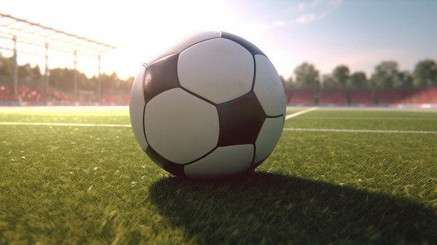 Balón de fútbol en el campo con el sol brillando sobre él