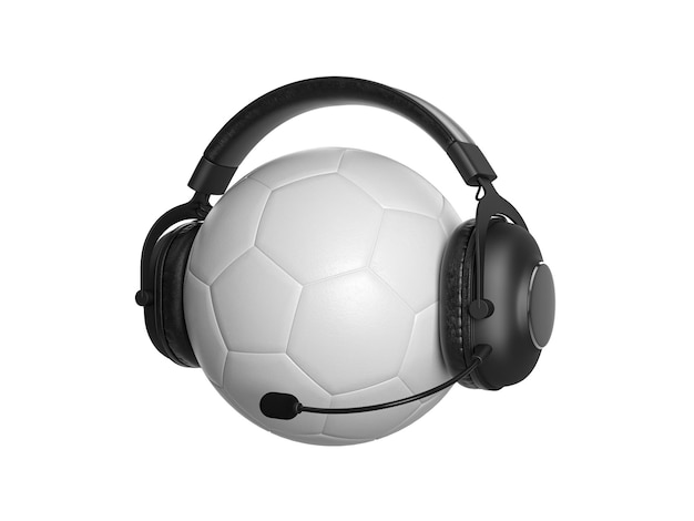 Balón de fútbol clásico con auriculares negros en una ilustración 3D de fondo blanco aislado