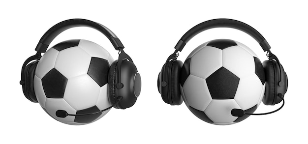 Balón de fútbol clásico con auriculares negros en una ilustración 3D de fondo blanco aislado