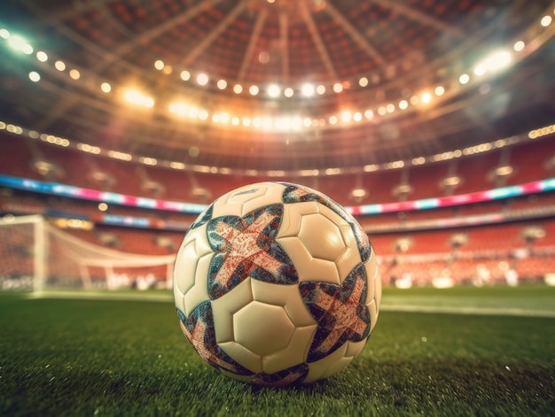 Un balón de fútbol se coloca en el campo de fútbol con porristas en el fondo de las gradas de fútbol Ai generativo