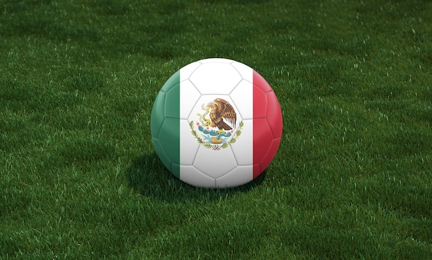 Balón de fútbol con los colores de la bandera de México en un estadio sobre fondo de pastos verdes