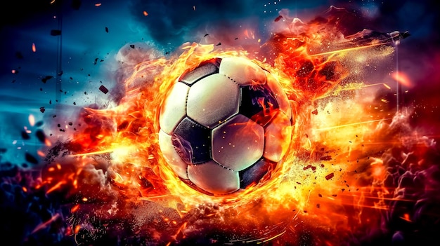 Balón de fútbol en una colorida explosión de energía de fuego y movimiento deportivo realizado Generativo