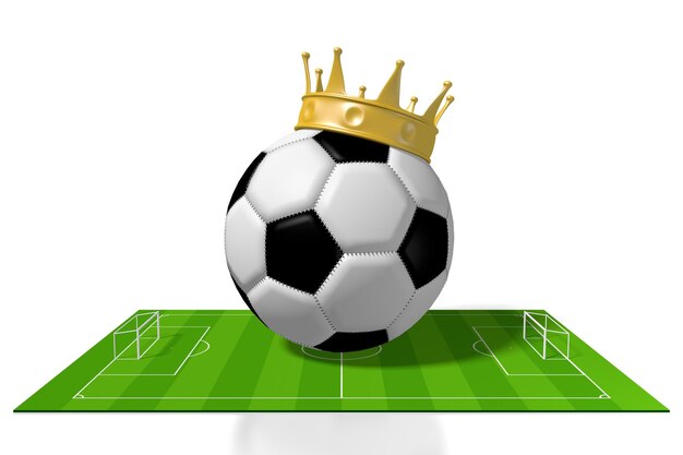 Balón de fútbol con corona de oro en la ilustración 3D del concepto del ganador del campo
