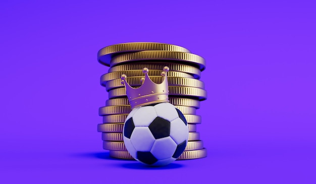 Balón de fútbol con una corona con una pila de monedas Apuestas deportivas y finanzas Representación 3D